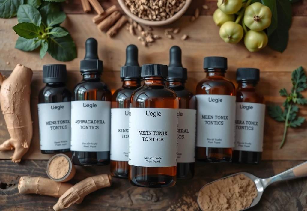 A collection of various men's herbal tonic bottles, elegantly arranged with natural herbs.