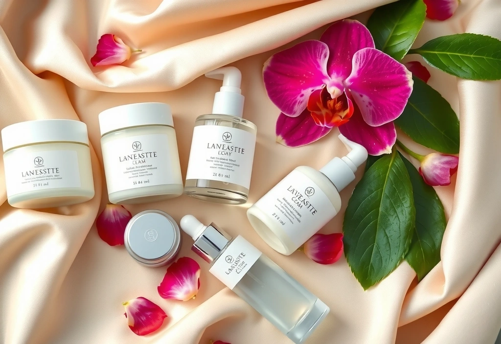 A luxurious array of women's botanical skincare creams in elegant jars, surrounded by fresh flower petals and leaves.