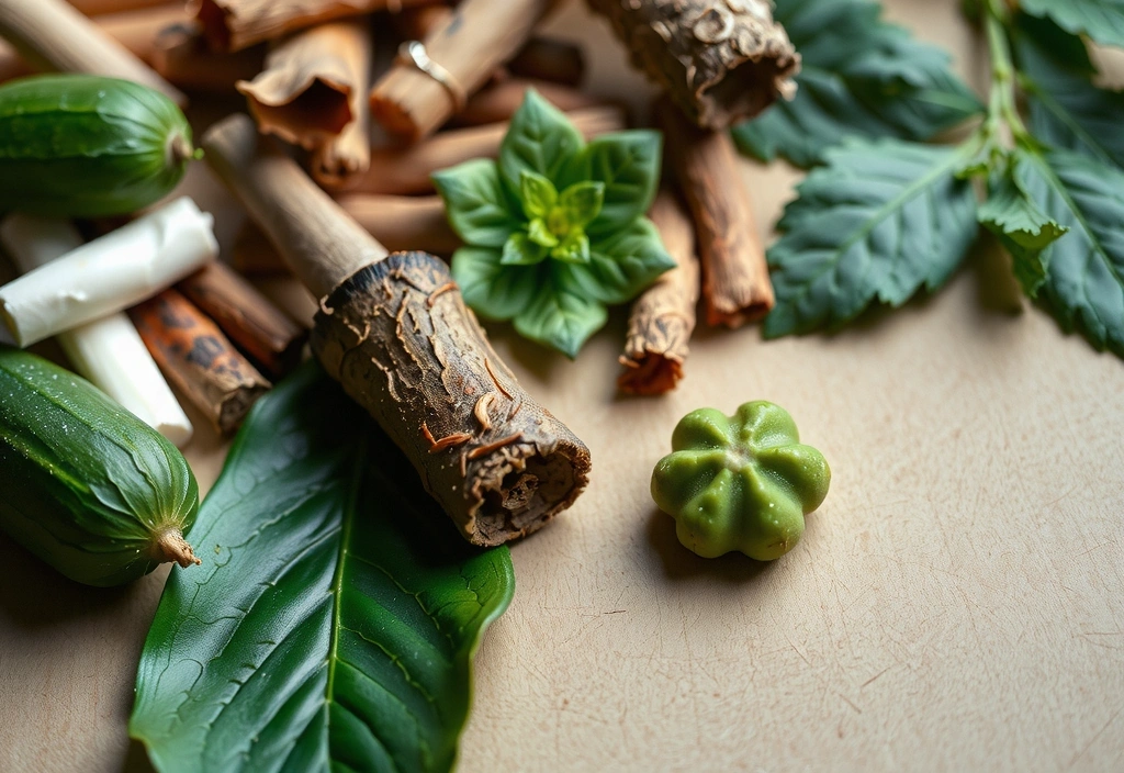 A close-up of various vibrant green and brown herbs, roots, and natural ingredients arranged aesthetically on a clean, minimalist wooden surface, evoking a sense of natural wellness and purity. No text.