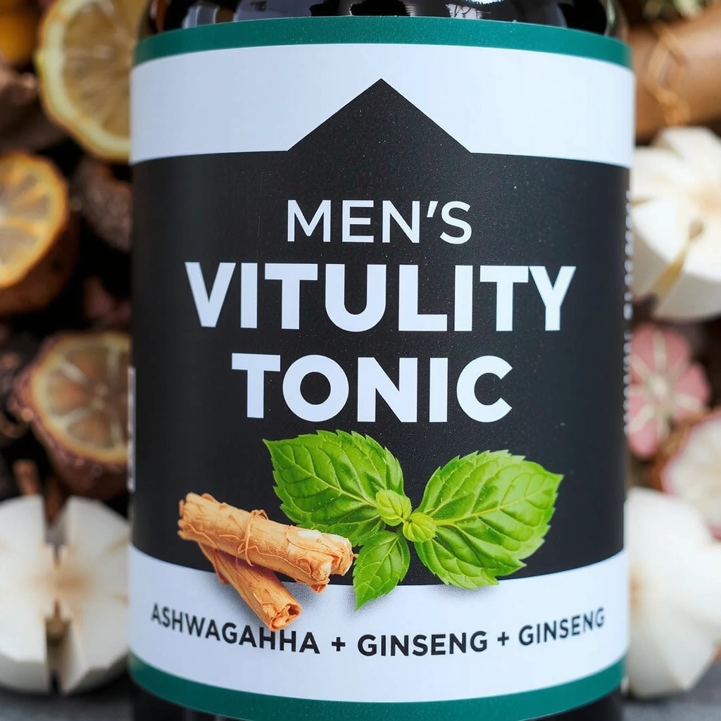 Close-up of the Men's Vitality Tonic label, showcasing ingredients like Ashwagandha and Ginseng, with a blurred background of natural herbs.