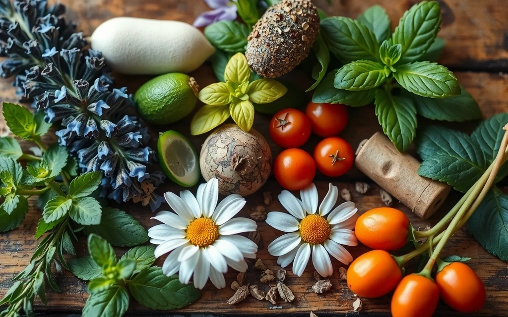 A vibrant close-up of various fresh, organic herbs and botanicals laid out for inspection