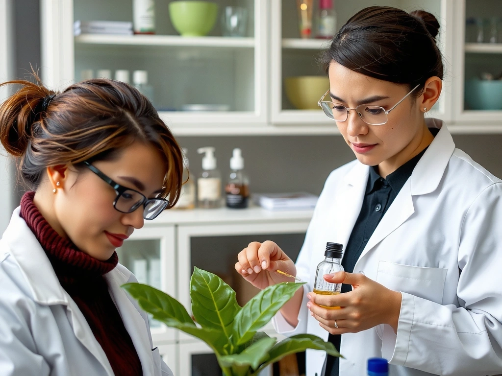 Scientist in a lab meticulously examining plant extracts for skincare formulation, clean and modern lab environment, no text.